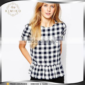 2016 Top fashion short sleeve printed plaid blouse