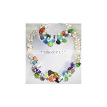 wholesale 2 rows 18" 7-8mm white pearls & multicolor cateye stone necklace & bracelet set