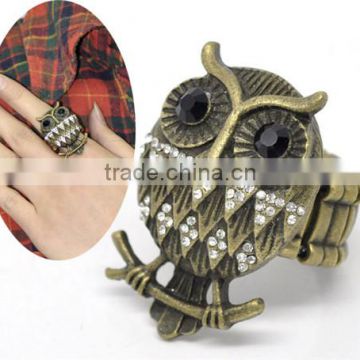 Vintage Antique Bronze Rhinestone Owl Halloween Ornaments Elastic Rings 18.3mm