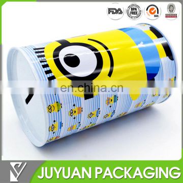FANCY cylinder metal tin coin bank with inserting removeable lid wholesale