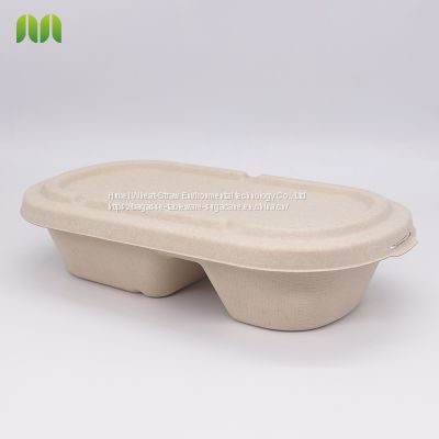 Sugarcane bagasse take out food container 2 compartment oval bgasse bowl with lid