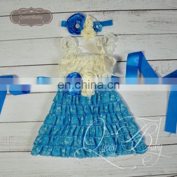 5sets/lot Cream&Blue Lace Dresses Matching Headband and sash belt