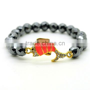 Magnetic Hematite 8MM Faceted Round Beads Stretch Gemstone Bracelet with Diamante alloy Fish Piece