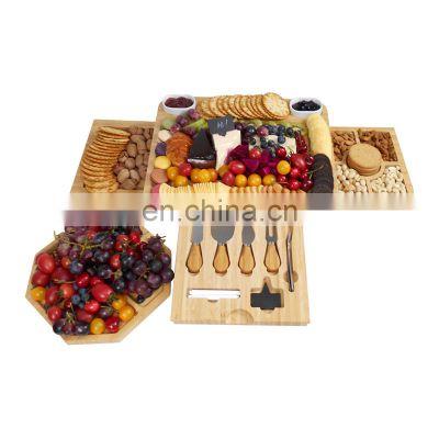 Large Bamboo Cheese Cutting Plates Board Set And Knife Set With Hidden Slide Drawers Wood Charcuterie Platter Board