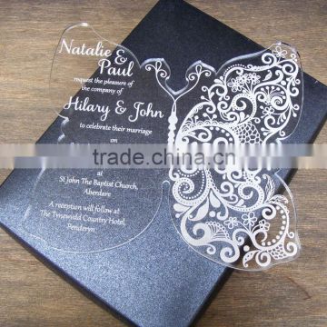 Hot sale charming butterfly-shaped transparent acrylic wedding invitations with yellow printing