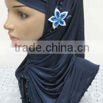 A569 Stylish islamic headscarf HEJAB pearl beaded flower two pieces LONG MUSLIM HIJAB