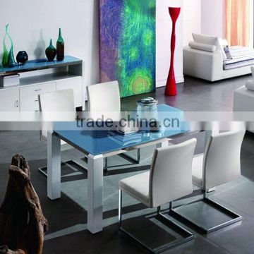 Mediterranean Style blue tempered glass &MDF leg dining table