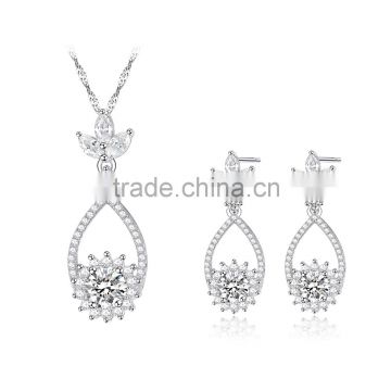 Fashion Sterling Silver Cubic Zirconia Necklace Flower Earrings Set Wedding Jewelry For Women
