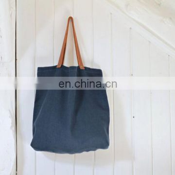 Reusable tote bag in navy blue washed linen, Tote bag with leather straps, Zero waste market tote, Blue linen library bag