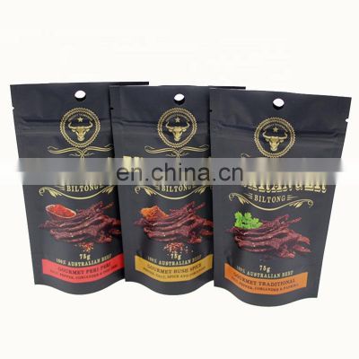 Custom printed food packaging bags matte black stand up pouch beef jecky packaging bags