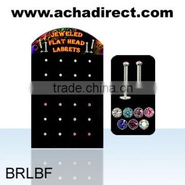 24 Pcs display Assorted Color Jewel 2. 2mm Flat Head Steel Internally Threaded Labrets