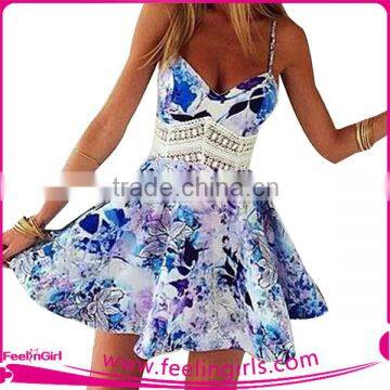 Sexy Deep V-neck Print Hollow Out Straps Sleeveless Skater Dress                        
                                                Quality Choice