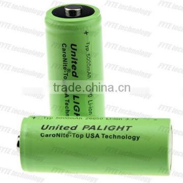 Newest UNITED PALIGHT 26650 li-ion cell rechargeable li-ion battery 3.7v 5000mah with button top nipple