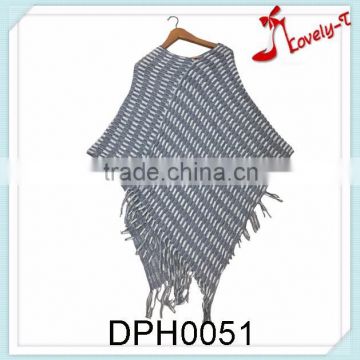 Hot sale mexican latest design stripes pullover crochet knit poncho sweater with tassels