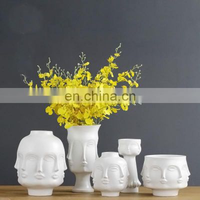 Modern creative pure white home decor european ceramic flower vase with 3D face