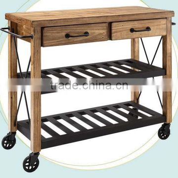 Retro Rolling Wooden Kitchen Trolley Cart with 2 Drawers