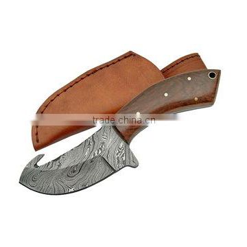 A ROSE WOOD HANDLE, DAMASCUS STEEL HUNTING KNIFE