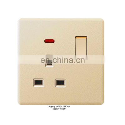 Electrical wall switch socket panel new design golden flame retardant PC panel 1 linkage switch 13A flat socket with light