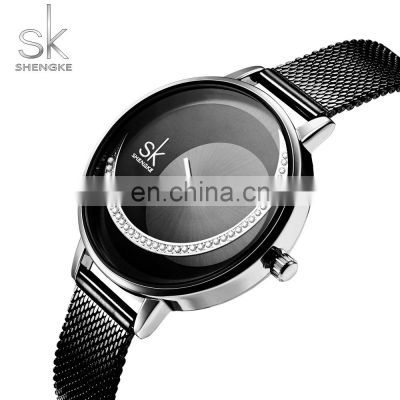 SHENGKE Female Diamond Wristwatches Sliver Alloy Case Quartz Watches Black Mesh Strap Handwatches K0088L