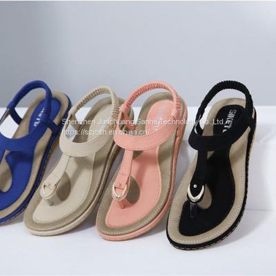 Summer Hot Selling Sandals Women Plus Size Solid Color Flat Heel Buckle Elastic Band Platform Bohemian Beaded Flip Flops