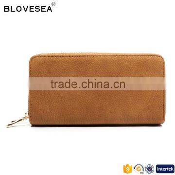 woman leather wallet brown classic elegant style plain color double zipper PU leather fashion women leather wallet