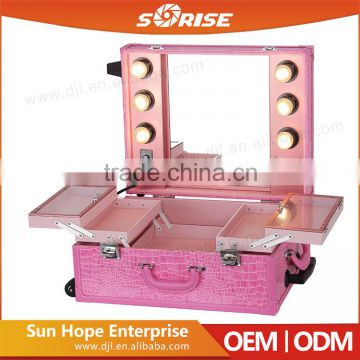 2016 Sunrise newest design professional pink pvc trolley makeup case with 6 lights mirror for beauty salon                        
                                                Quality Choice