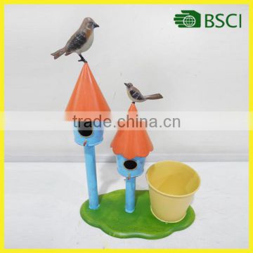 YS14891 metal bird house with flower pot for garden decoration