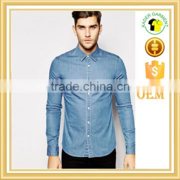 Skinny Denim Shirt with Long Sleeves In Mid Wash