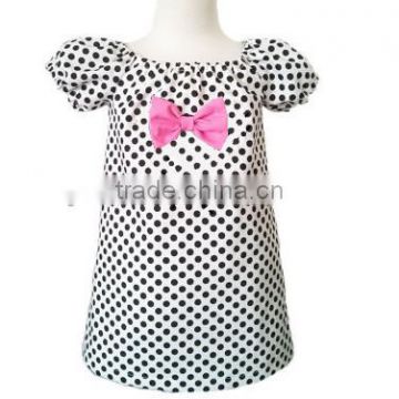 yiwu kid clothes firm Girls Minnie dress white and black dots, boutique style, tunic toddlers, sundress, custom with pink bow