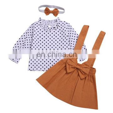 Autumn Newborn Baby Girls Outfit Suit Fashion Long Sleeve Dot Shirt Tops+Suspender Skirts+Headband 3PCS Clothes Set