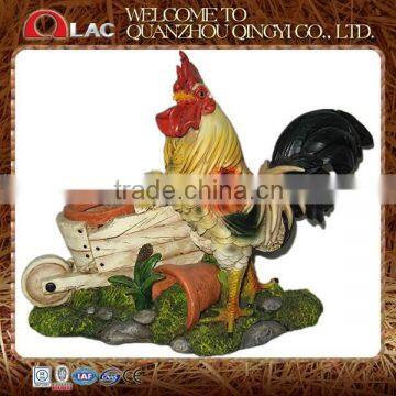 resin decorative rooster on trolley with flower cylinder garden gift