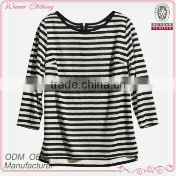 clothing manufacturer bateau neck 3/4 sleeve horizontal stripe loose fitting 100% cotton t shirt