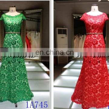 Cap Sleeve Lace Ladies Dress Long with Beaded Belt