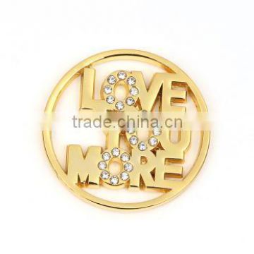 hotsale europe fashionable DIY jewelry high quality 33MM gold with rhinestone alloy gold coin pendant necklace