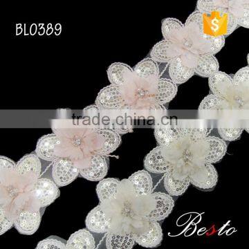 wholesale indian pink chiffon sequin fabric flower trim for lady