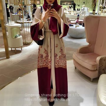 2018 Shanel New stylish Women Muslim Abaya Printing Floral Coat Cardigan Leisure Long Dress Red Color