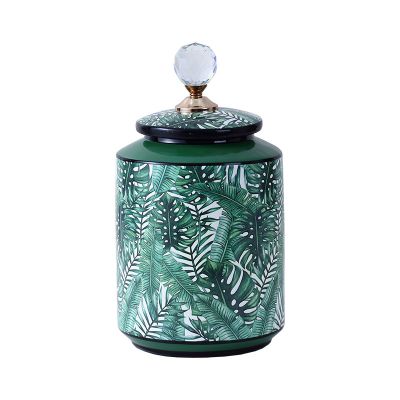 Nordic Style Dark Green Leaf Cylinder Ceramic Vases Sets Table Decoration with round Crystal lid For TV cabinet