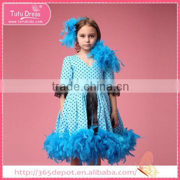 Bubble point dress with blue long kids feather dress for party girl 1-9 years