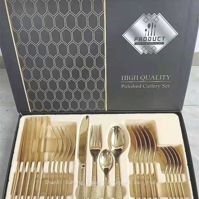 Stainless Steel Cutlery Tableware Gold Dessert Knife Fork Spoon 24pcs Flatware Dinnerware Set Rack With Gift Box