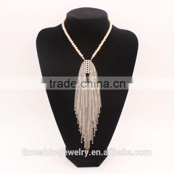 Fashion Jewelry Silver Chain Tassel Long Necklace With Glass Crystal Beads