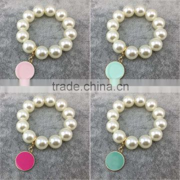 Large Pearls Stretch Bracelet with Monogrammed Enamel Charm