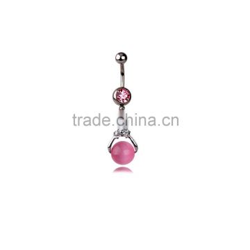 Pink CZ Bead Dop Down Dangle Belly Button Naval Ring.
