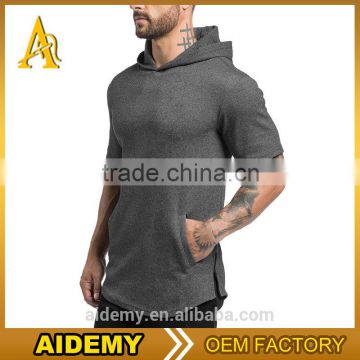 wholesale man black curved hem short sleeve hoodie with side zipper