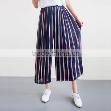2016 Summer Fashion Women Chiffon Pant Elastic High Waist Multi Stripe Pleated Three Quarter Wide Leg Lady Pants Trousers