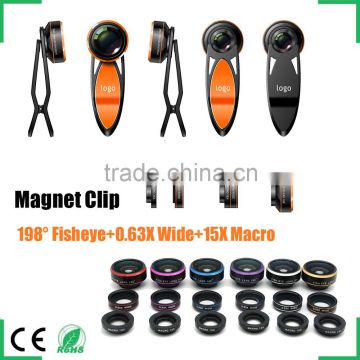 Wholesale 3 in 1 198 Degree Magnetic Lens for iPhone 6 6s Samsung S5 S6 0.6x Wide Angel 1.5x Marco Fish Eye Magnetic Lens