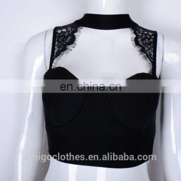 Amigo 2017 new design black lace sleeveless sexy cut out bandage crop top for big boobs women club wear