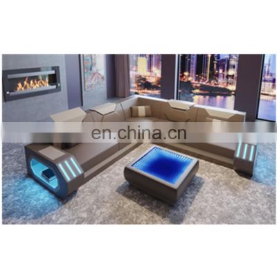 Pretty home theater luxury living room leather sofa set furniture with LED lights