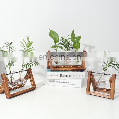 Handmade sets of Rectangle Shape Wood Hydroponics Flower Pot Bulb Glass VaseTerrariums Air Planter