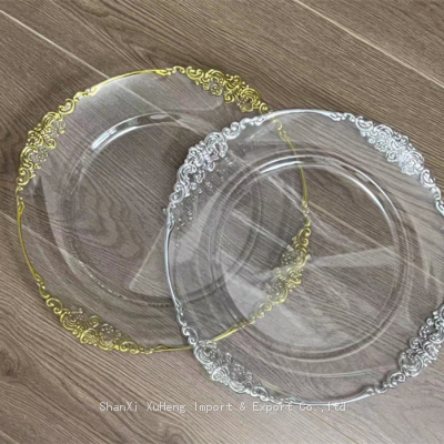 13inch Plates Wedding Charger Plastic Acrylic Reef Gold Rim Clear Charger Plates For Wedding Decoration Decorative Dinner Table