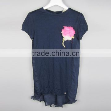 pleated short sleeve two color flower decoration Modern beautiful girls tops
